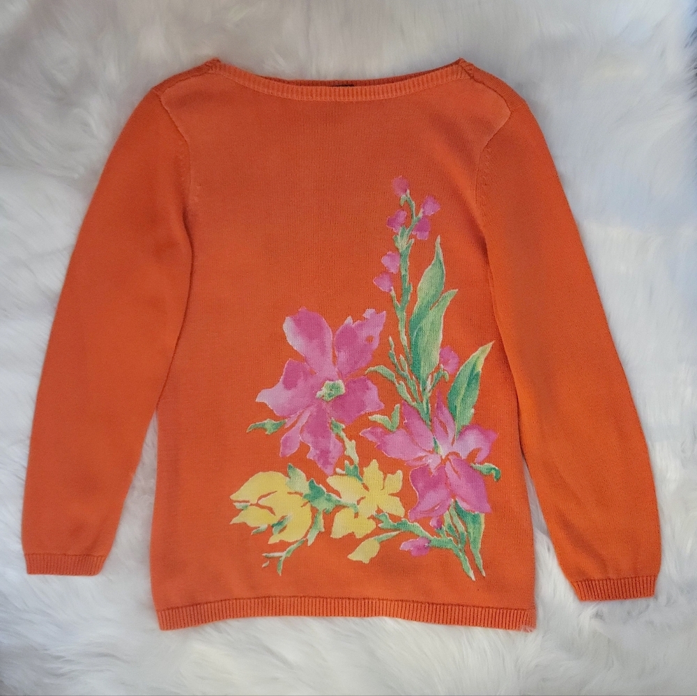 Ralph Lauren Sweater Top • Vintage Floral • Cotton Linen Knit • L XL